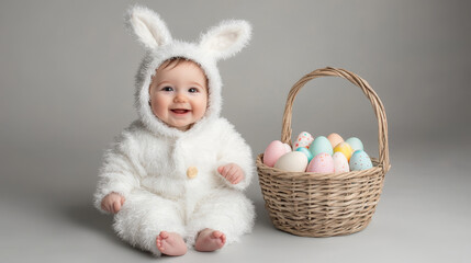 Adorable baby in fuzzy bunny costume with easter egg basket