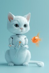 Fototapeta premium A robotic cat with a fluffy tail looks at a small goldfish. AI.