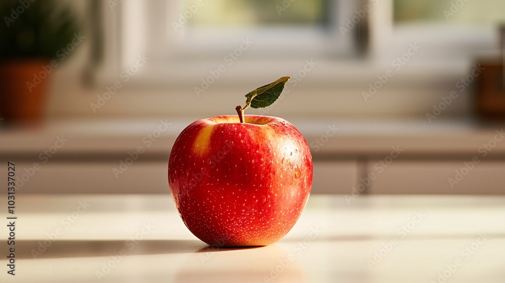 Poster fresh and juicy red apple sitting on a table with natural light streaming through the window in a ki