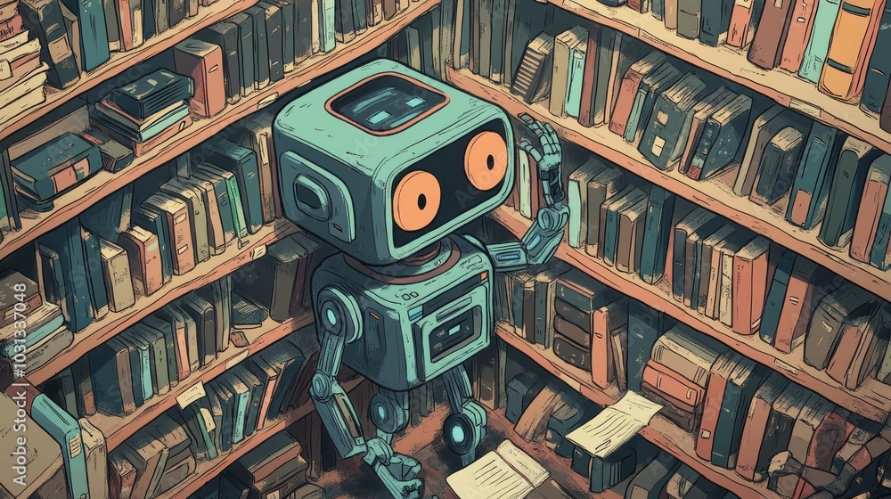 Aufkleber a robot is standing in a library with many books