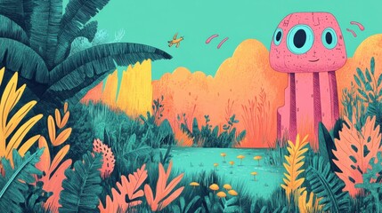 A cartoonish drawing of a jungle with a large purple mushroom in the foreground