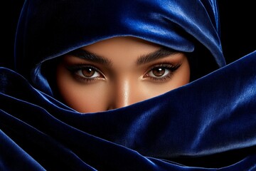 Naklejka premium Hyper-detailed portrait of a woman in a velvet hijab, capturing every fabric fold