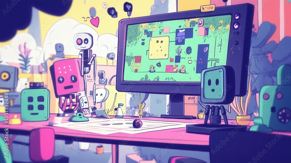 Poster a cartoonish scene with a computer monitor showing a game