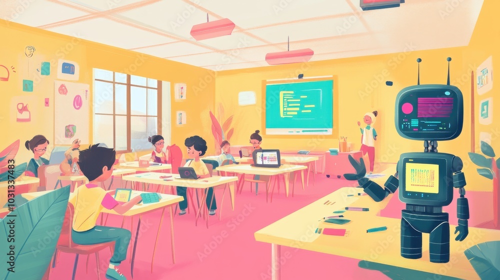 Poster a cartoon drawing of a classroom with a robot teacher