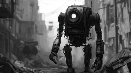 In a dystopian city, defiant robots confront humans amidst the ruins, showcasing a grim battle for survival and control in a broken society