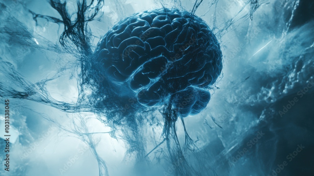 Poster a brain is shown in a blue and white color scheme. the brain is surrounded by a web of blue and whit