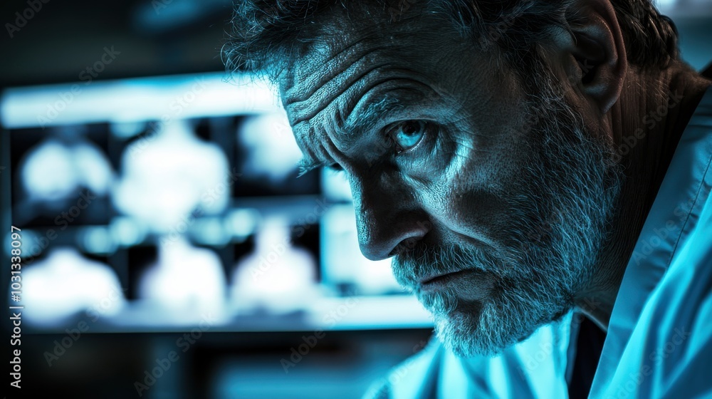 Poster A man with a beard and glasses is looking at a computer screen. The screen is displaying a medical image. The man is focused on the image, possibly analyzing it for some reason
