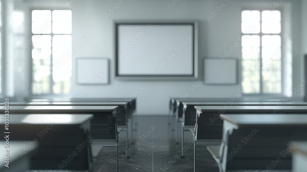 Poster empty classroom with desks and a whiteboard. ai.
