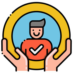 A cartoon man with gray hair and a red shirt smiling inside a yellow and blue circle.