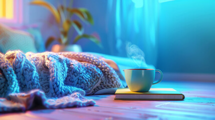 Cozy morning with coffee and knitted blanket on blue monday