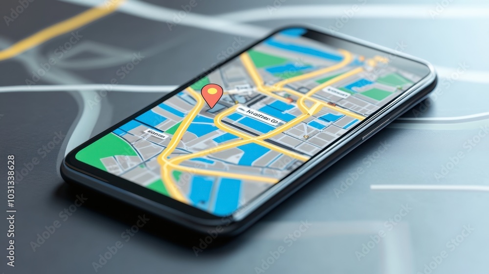 Poster smartphone displaying navigation map and location pin