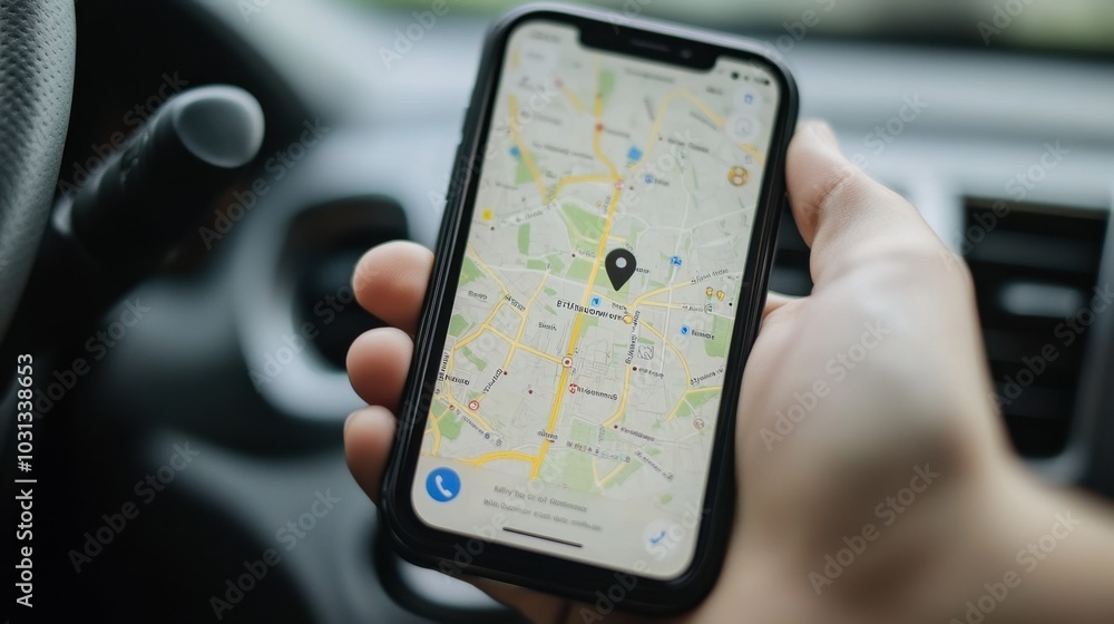 Poster smartphone displaying map navigation in car