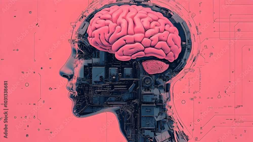 Poster a digital representation of a brain integrated with technology.