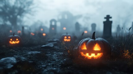 Fototapeta premium Jack-o'-Lantern in a Foggy Graveyard.