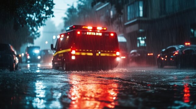Emergency services respond to hurricane disaster with ambulances and flashing lights amid heavy rain and organized chaos - Powered by Adobe