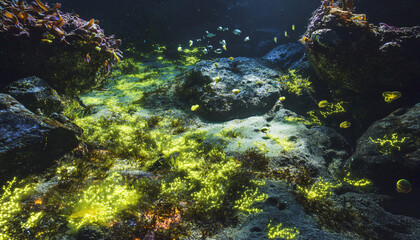Obraz premium A coastal garden submerged by the tide each day, where bioluminescent seaweed blooms underwater during high tide and drapes the rocks in vibrant green during low tide