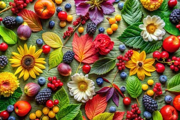 Creative Floral Background with Leaves and Berries - Flat Lay Photography for Nature Lovers