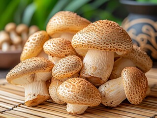 A pile of fresh, golden shiitake mushrooms displayed on a bamboo mat, with intricate 