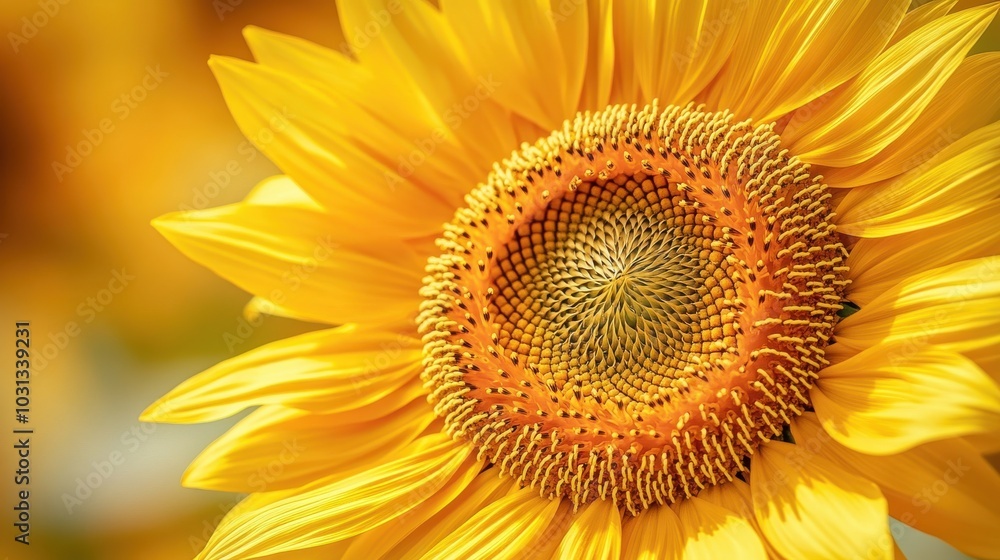 Poster close-up view of a sunflower's center displaying a spiral seed pattern and vibrant yellow petals dur