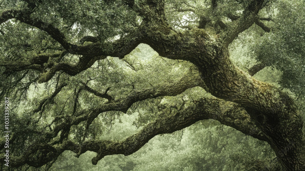 Poster Close-up of a tree's intricate branching patterns showcasing divine proportion and organic textures in soft green hues