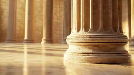 A close-up view of a Greek temple column showcasing divine proportion and warm light illuminating its textured stone design