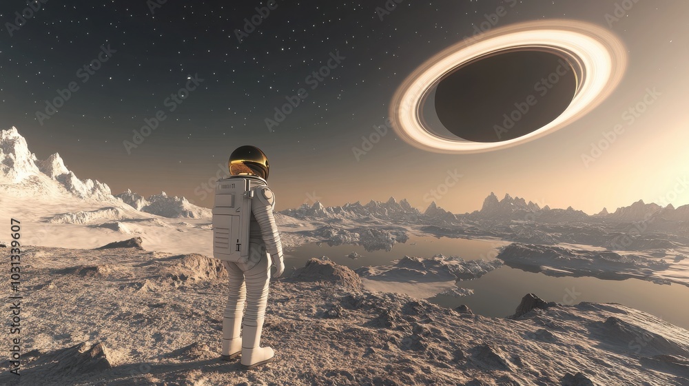 Poster an astronaut gazes at a massive ringed gas giant from the surface of a distant planet during twiligh