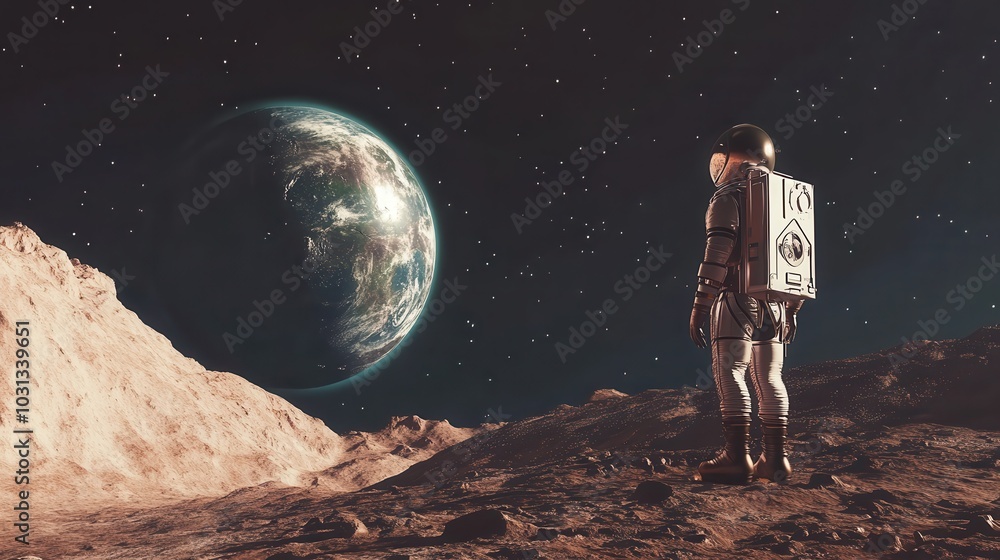 Poster astronaut standing on the surface of a newly discovered earth twin, gazing at its twin moon in a dis