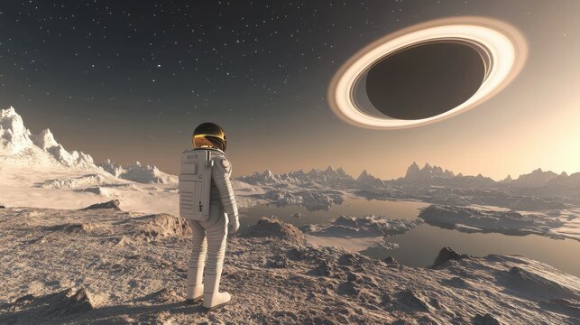 An astronaut gazes at a massive ringed gas giant from the surface of a distant planet during twilight hours - Powered by Adobe