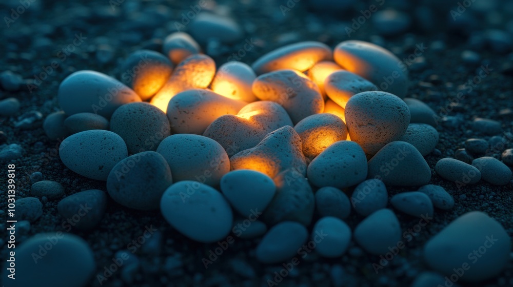 Poster a group of smooth, white stones with a warm glow emanating from a few of them, creating a heart shap