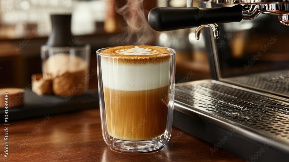 Poster a steaming cup of latte art coffee with a professional espresso machine in the background on a woode