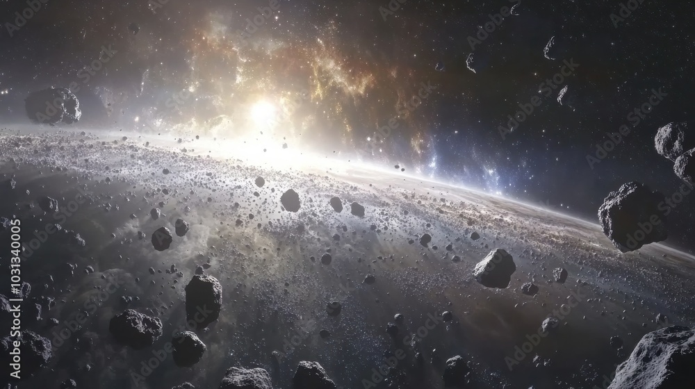 Aufkleber a stunning view of a massive asteroid belt swirling around a distant planet amid a vibrant cosmic ba