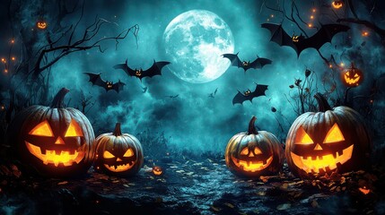 Fototapeta premium Halloween Jack-o'-Lanterns in Spooky Forest.