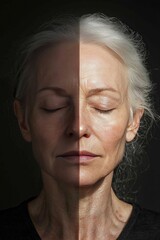 A striking, portrait-style photograph comparing the transformation of a white woman's skin, shown side by side. On the left, her skin shows clear signs of aging, with wrinkles and fine lines