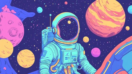 Fototapeta premium A hand-drawn AI prototype exploring vibrant space with astronauts amidst colorful planets and sparkling stars