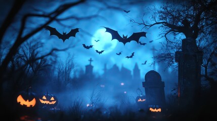 Halloween Graveyard with Bats and Pumpkins.