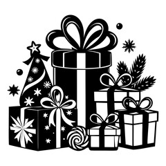 Christmas presents black silhouette, Holiday and Christmas Gift boxes vector illustration