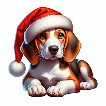 recommend clip art: American foxhound dog lying down wearing a santa hat on white background