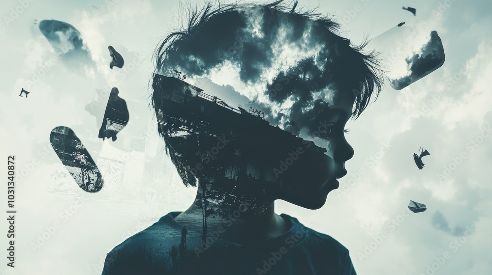 Fototapete a child with gravity-defying abilities surrounded by whimsical floating objects in a dreamlike doubl