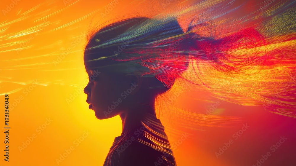 Poster A child in a silhouette captures the essence of super speed with vibrant streaks of light blending dynamically in motion