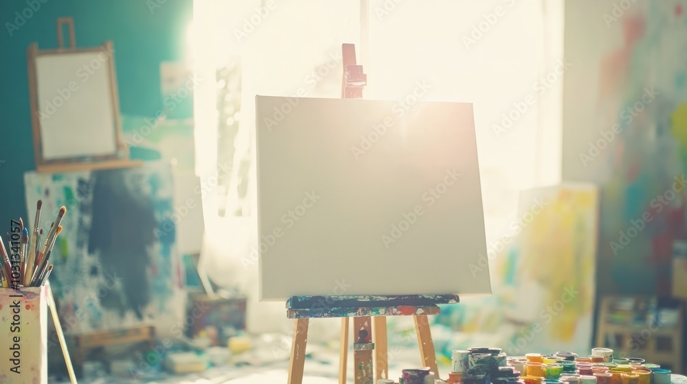 Poster a blank canvas on an easel in an artist's studio, ready for inspiration. sunlight streams in through