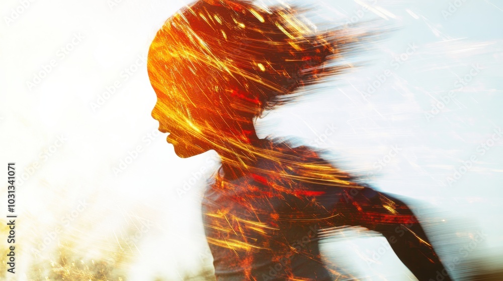Poster A child in motion creating dynamic streaks of light, embodying the thrill of super speed against a bright backdrop
