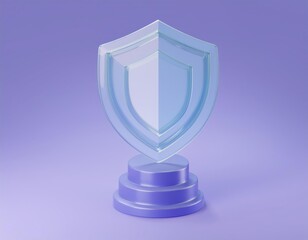 3D glass shield stands tall on a purple platform