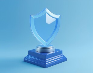 3D glass shield trophy sits on a blue base
