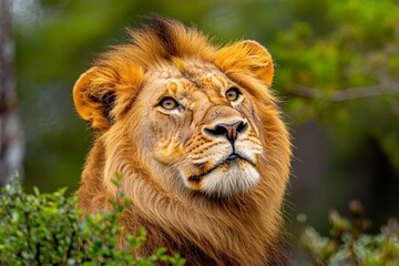 Fototapeta premium Portrait of a lion in the wild, with the wind blowing through its mane
