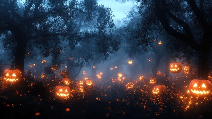 Naklejka premium Halloween Jack-O-Lanterns in a Foggy Forest.