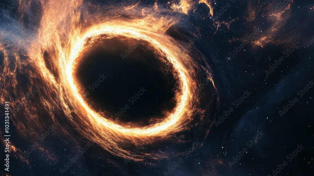Poster a close-up view of the event horizon of a black hole with light distortion captured in deep space