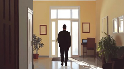A client with hesitant body language enters a warm psychologist's office for their first session