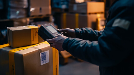 Logistics worker scanning package in warehouse for inventory management
