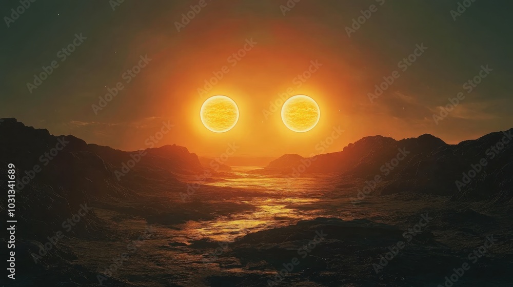 Poster a breathtaking view of a binary star system setting over a desert planet, casting mesmerizing light 
