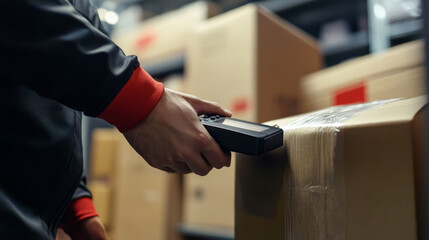 Close-up of logistics worker scanning package in warehouse setting